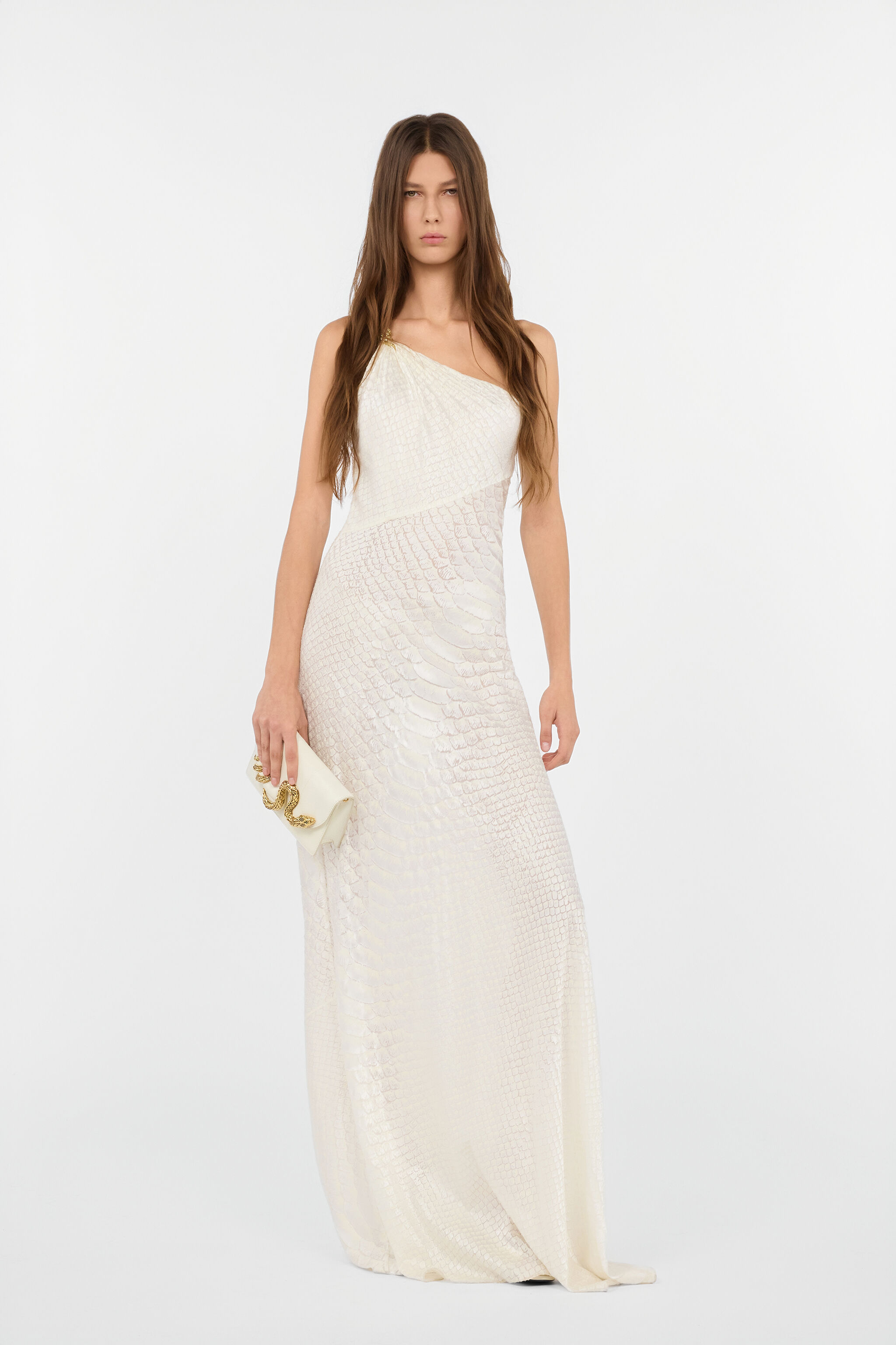 RC Weißes One-Shoulder-Kleid mit Serpentine WHITE WWT121-HES36