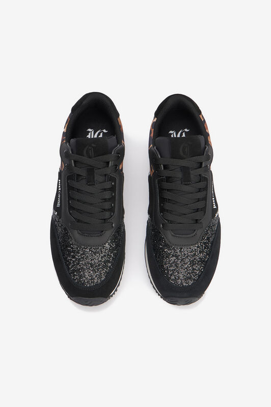 JC Zapatillas negras con inserto de piel de jaguar y glitter BLACK VFS088-VF616
