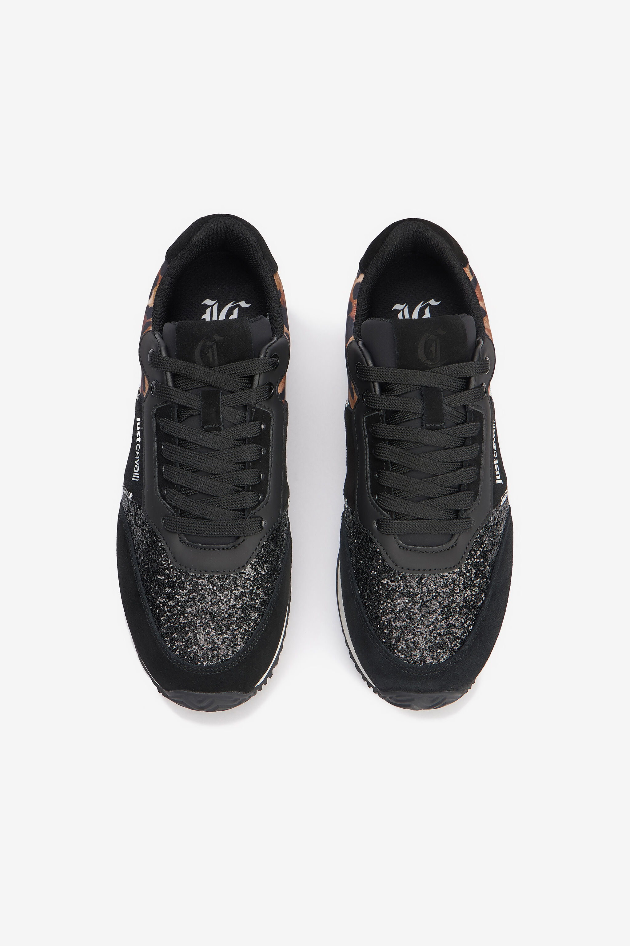JC Zapatillas negras con inserto de piel de jaguar y glitter BLACK VFS088-VF616