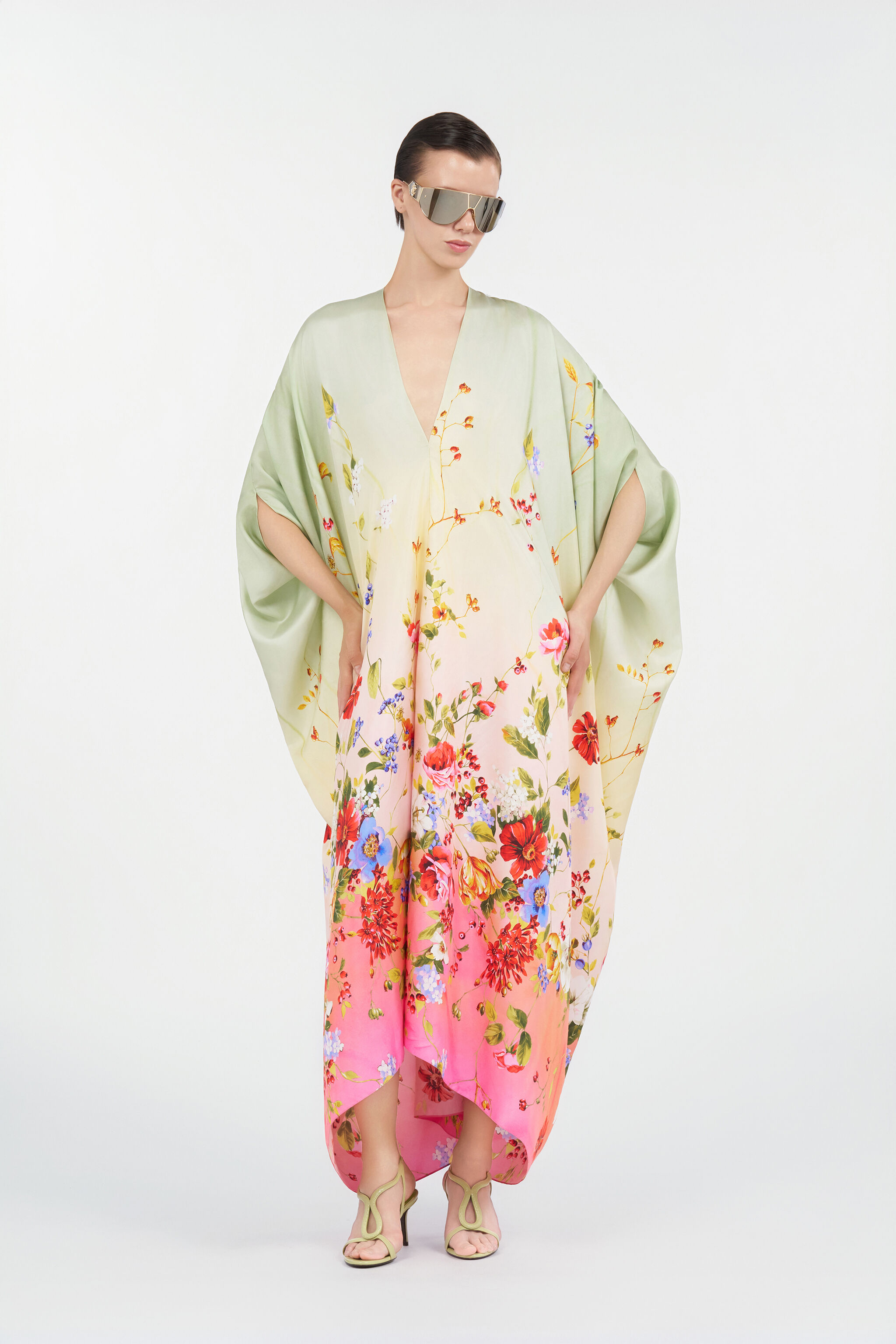 RC Kaftán de seda con estampado Miami Flowers GREEN/FUCHSIA WQT182-OZR32