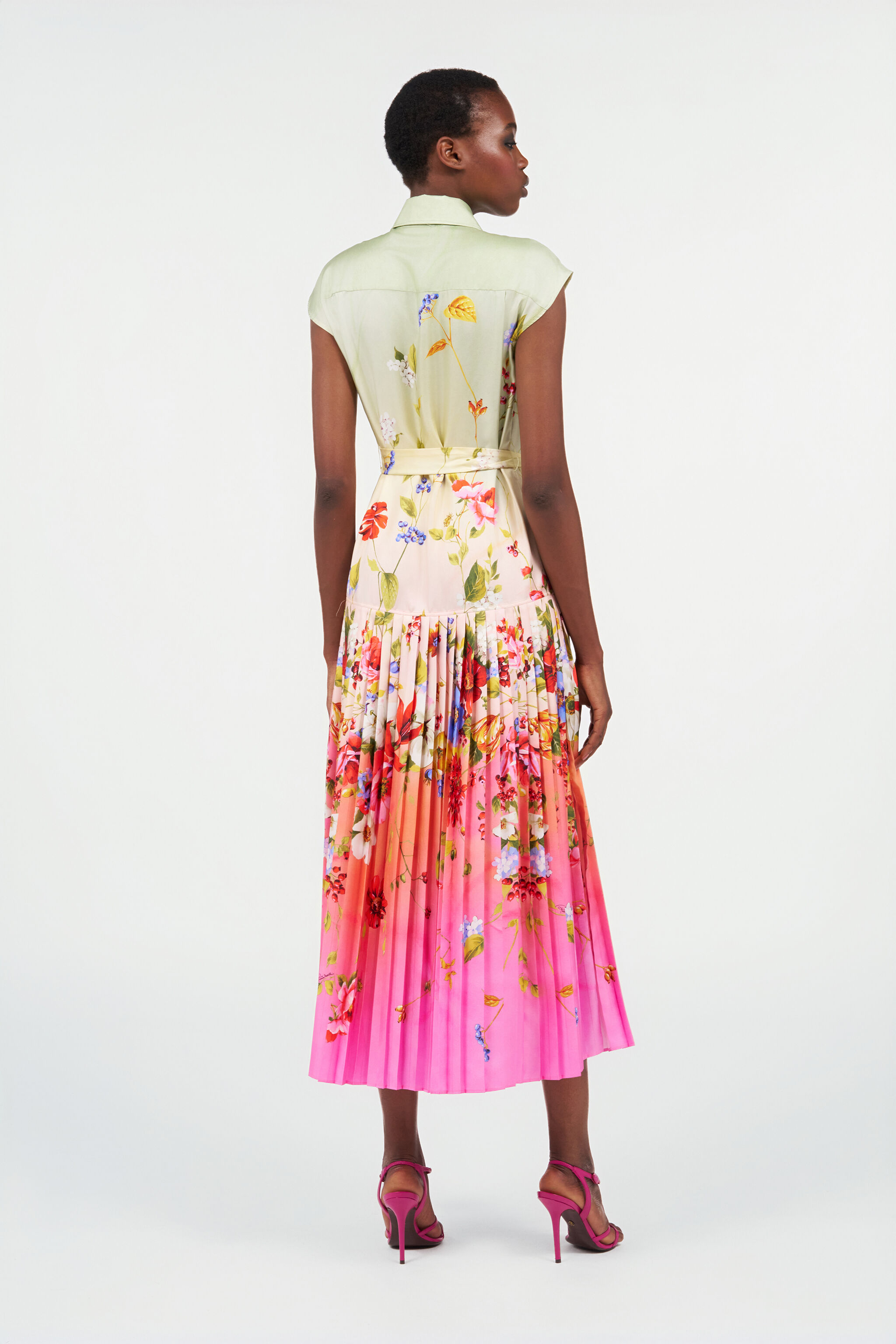 RC Long Silk Dress with Miami Flowers Print GREEN/FUCHSIA WQT103-OZR32