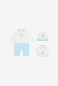 JU Monogram RC And Logo Hat, Bib And Romper Suit Set Light blue UJT817-JD001