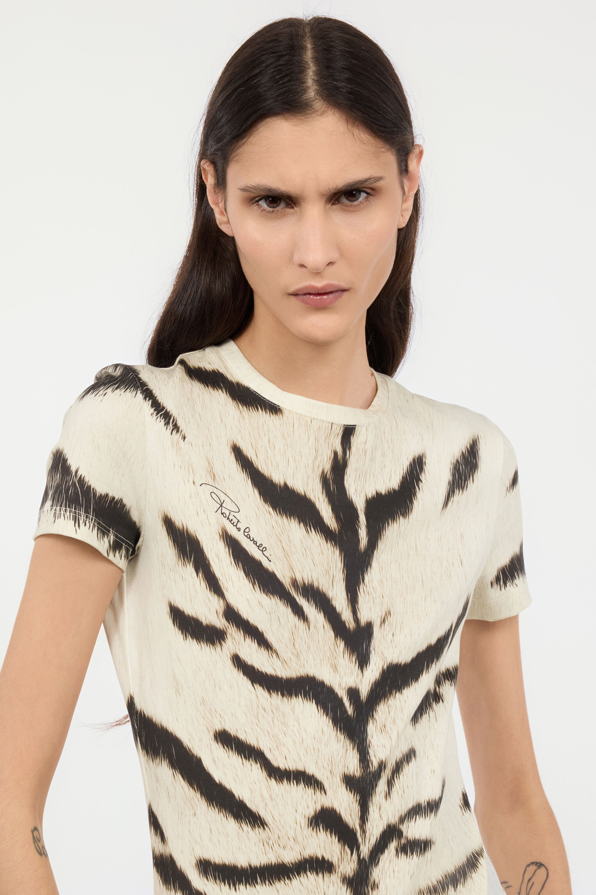 RC Camiseta para mujer con estampado de Tigresa Blanca OGAT X Roberto Cavalli Negro/Blanco UQT67A-3DA39