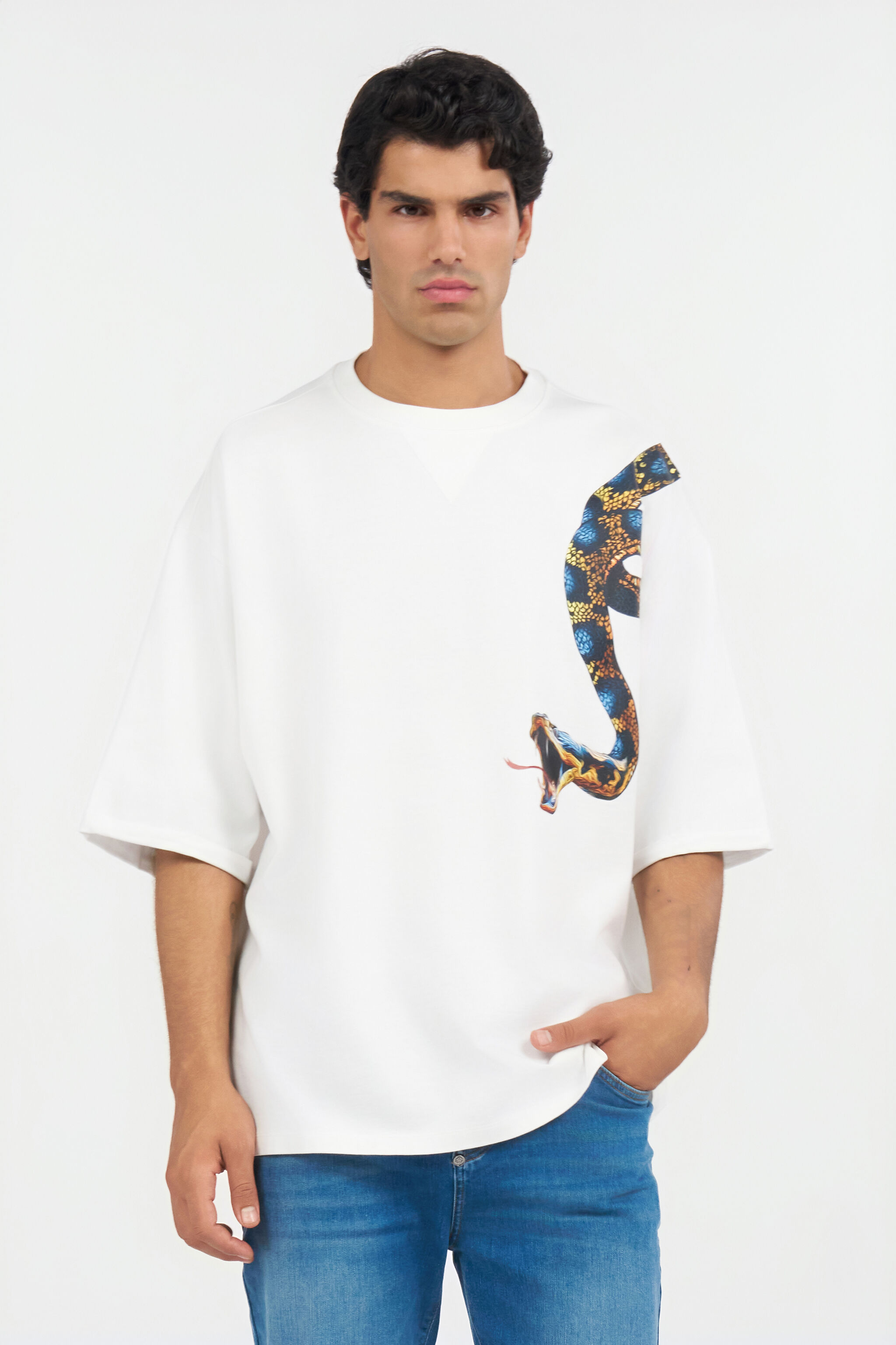 RC Camiseta oversize con estampado de serpiente WHITE WRT62B-JD060