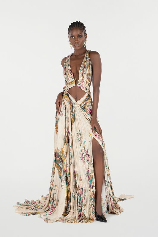 RC Extralanges Kleid Aus Reiner Seide Mit Oriental Bird Print Elfenbein/Rosa VKT158-CTP76