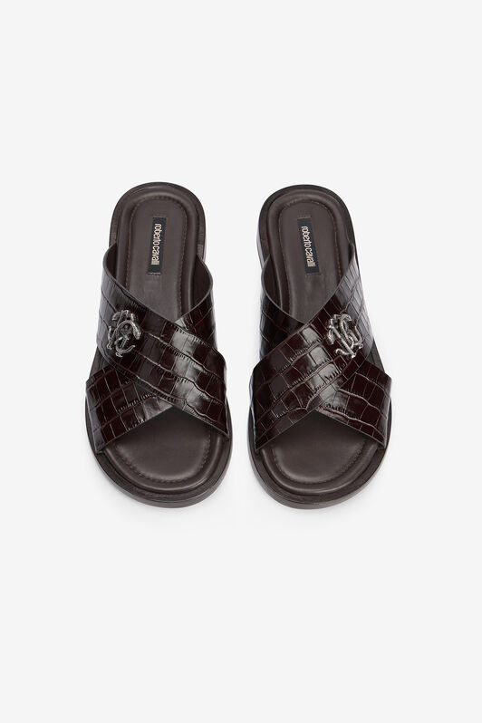 RC Slidesandalen in dunkelbraunem Leder mit Krokodileffekt DARK BROWN VMS001-PZ037