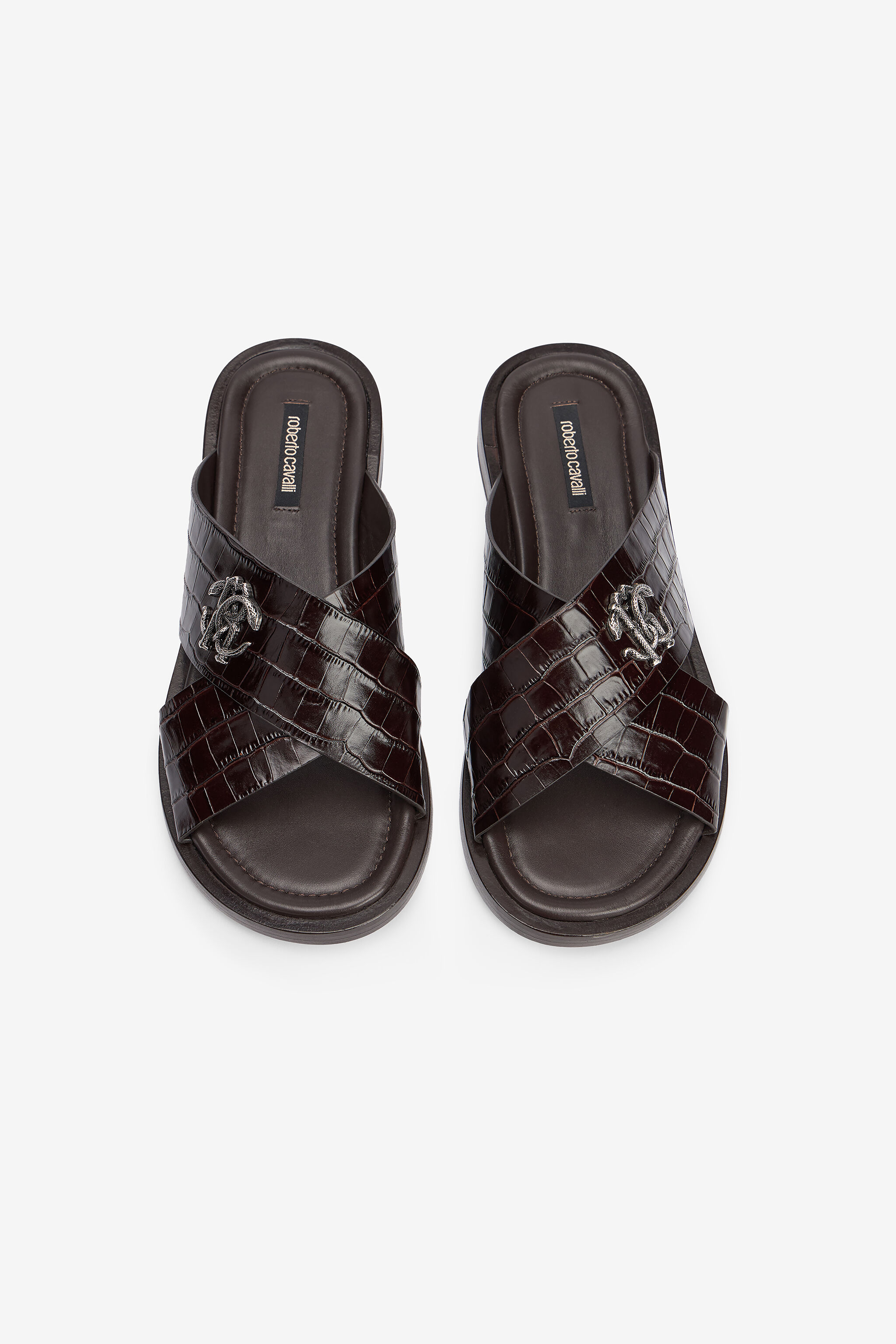 RC Slidesandalen in dunkelbraunem Leder mit Krokodileffekt DARK BROWN VMS001-PZ037