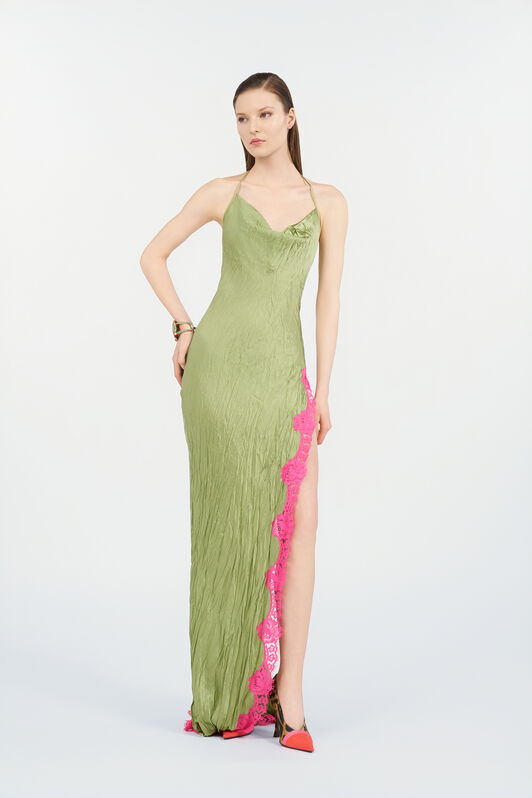 RC Vestido largo de seda con detalle de encaje LIGHT GREEN WQT150-SE041