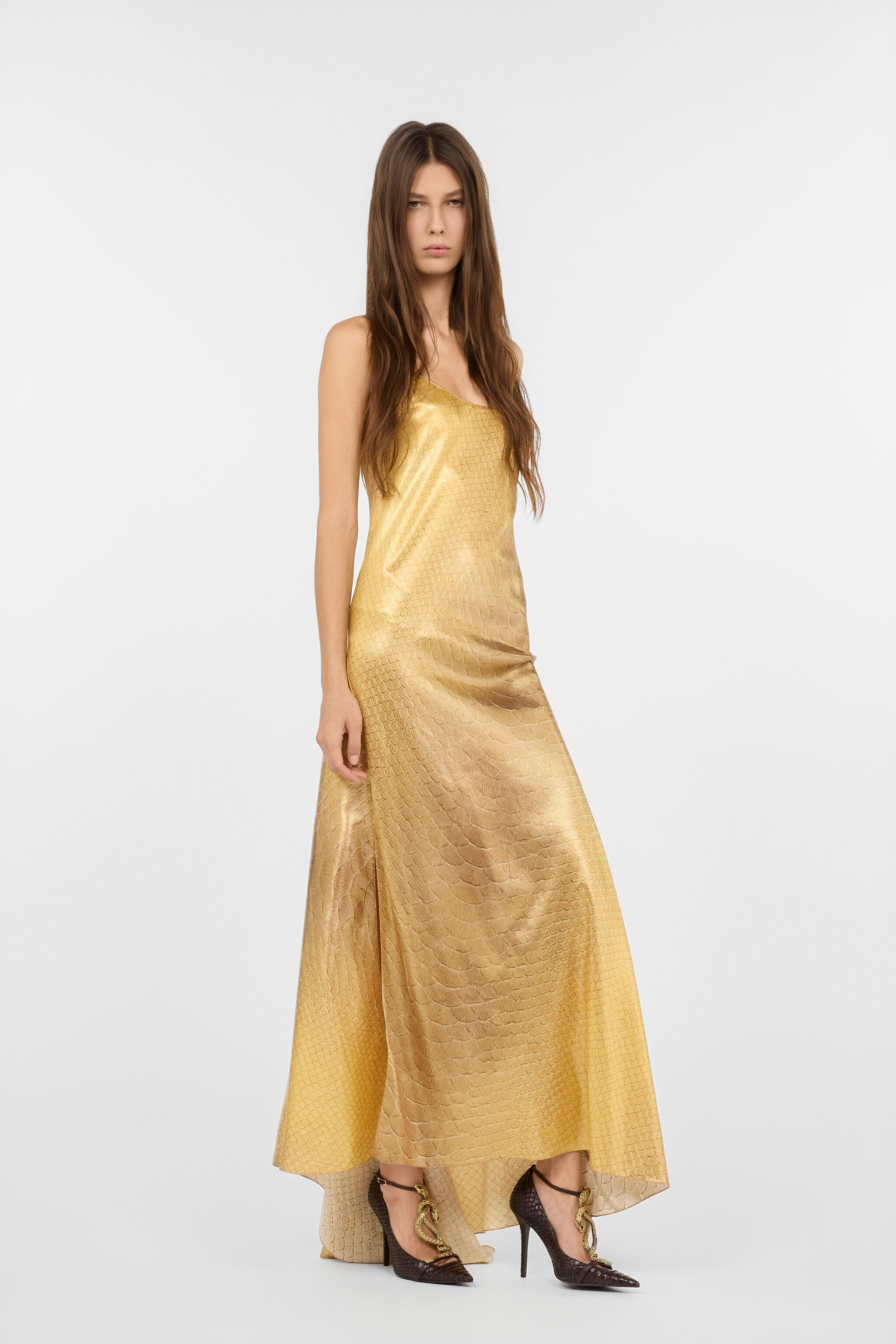 RC Vestido largo dorado de seda con estampado de escamas GOLD/GOLD WWT125-SNS31