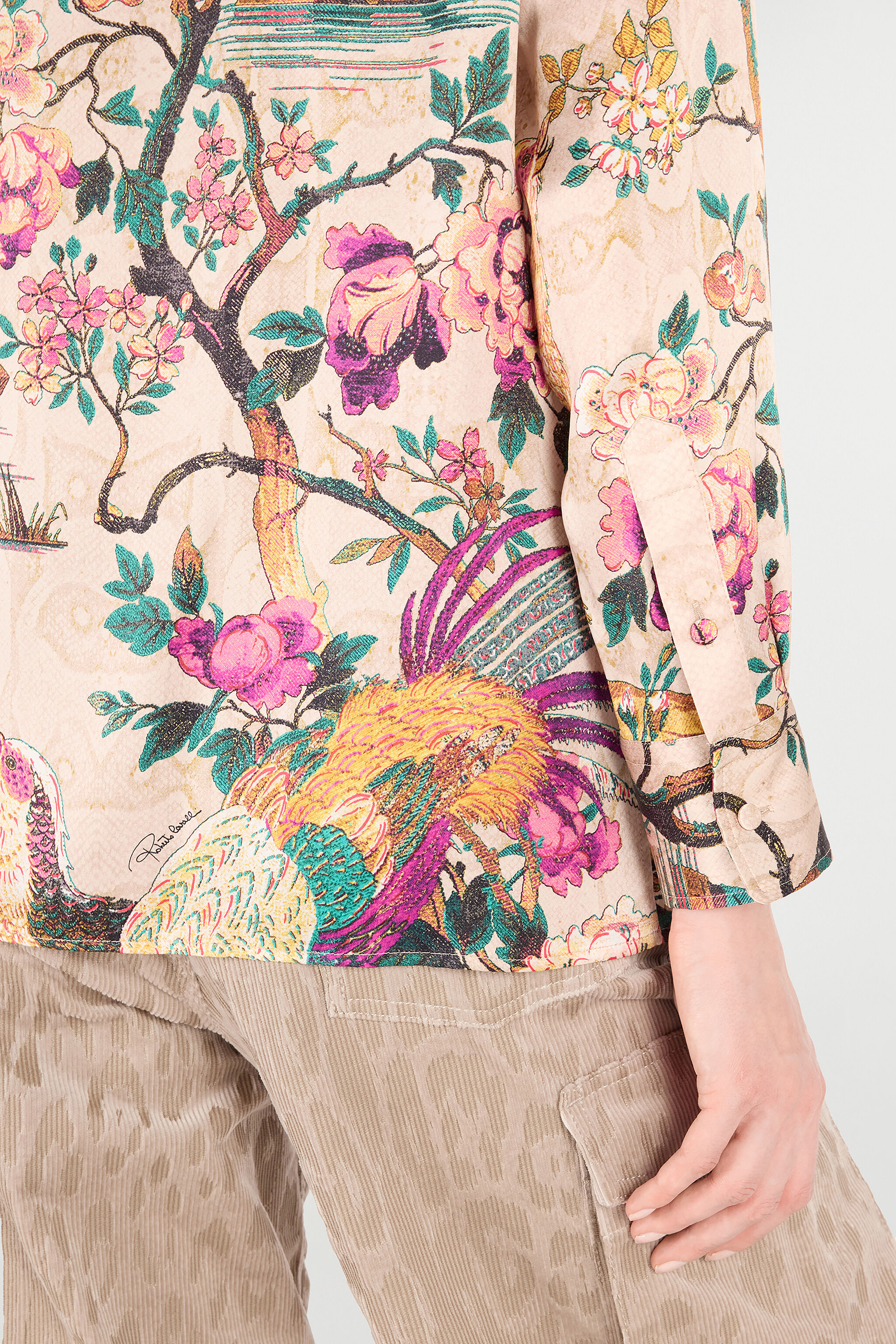 RC Seidenhemd Mit Oriental Bird Print Elfenbein/Rosa VKT704-TYP76