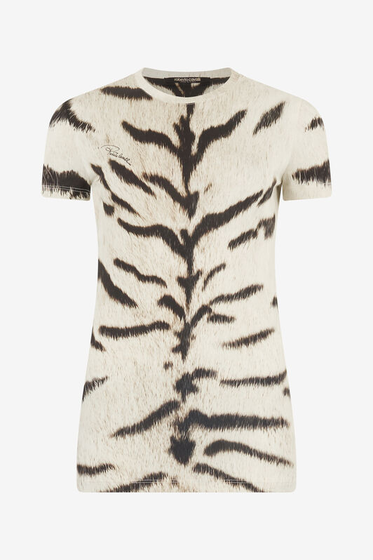 RC Camiseta para mujer con estampado de Tigresa Blanca OGAT X Roberto Cavalli Negro/Blanco UQT67A-3DA39