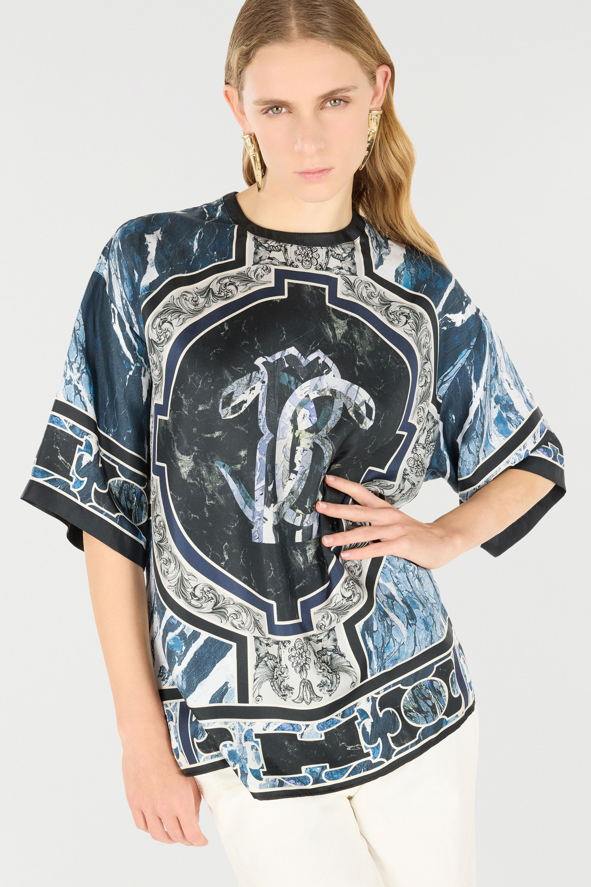 RC T-Shirt mit Print Monogramm Mirror Snake und Marble Dunkelblau UKT610-4QN81