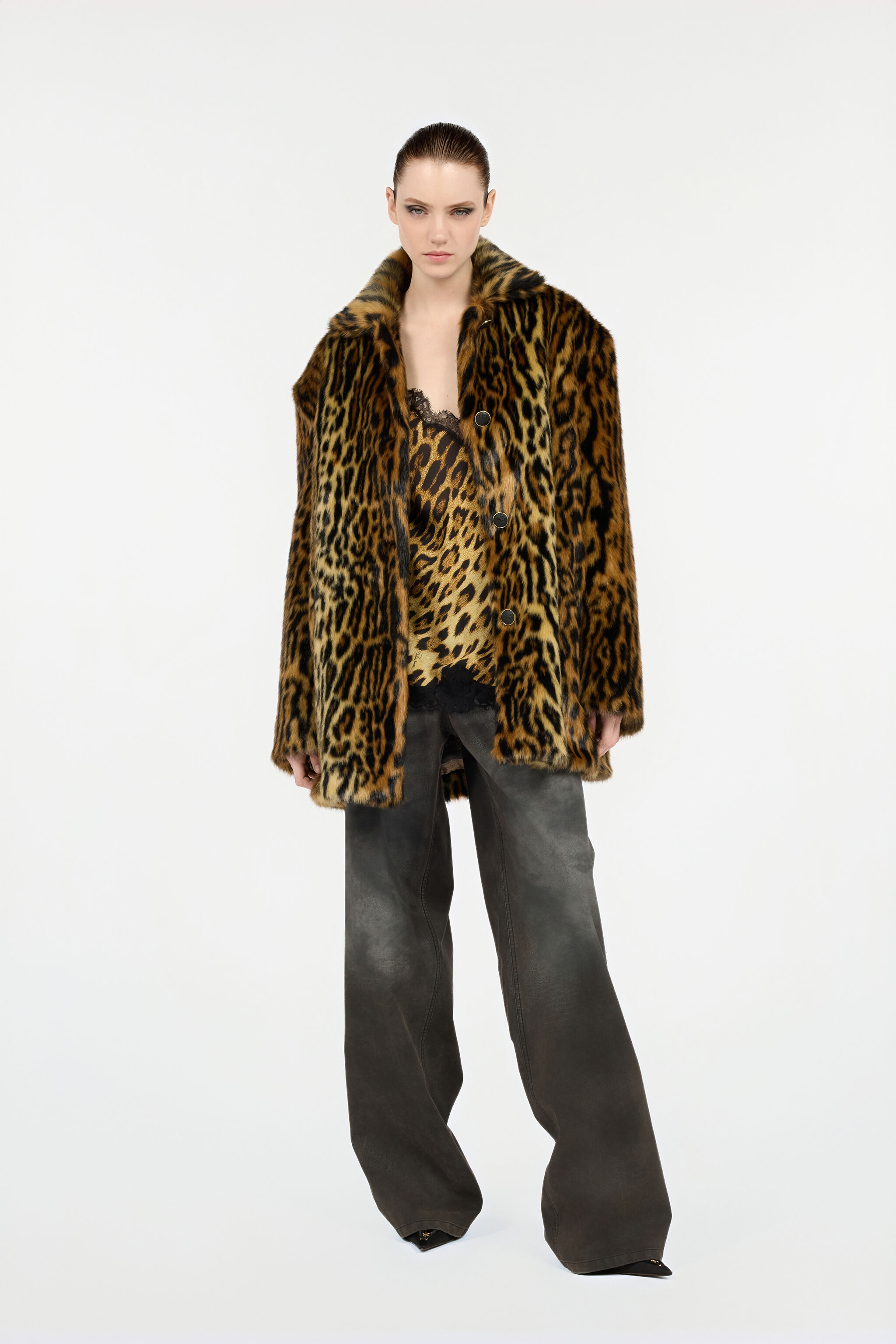 RC Vestido Lencero De Encaje Con Estampado De Leopardo De Roberto Cavalli Marrón VWT165-HZQ71