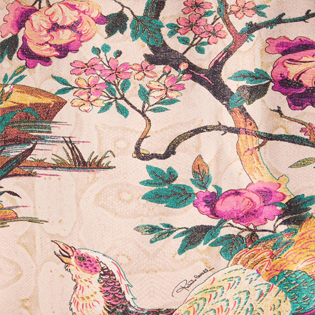 RC Seidenhemd Mit Oriental Bird Print Elfenbein/Rosa VKT704-TYP76