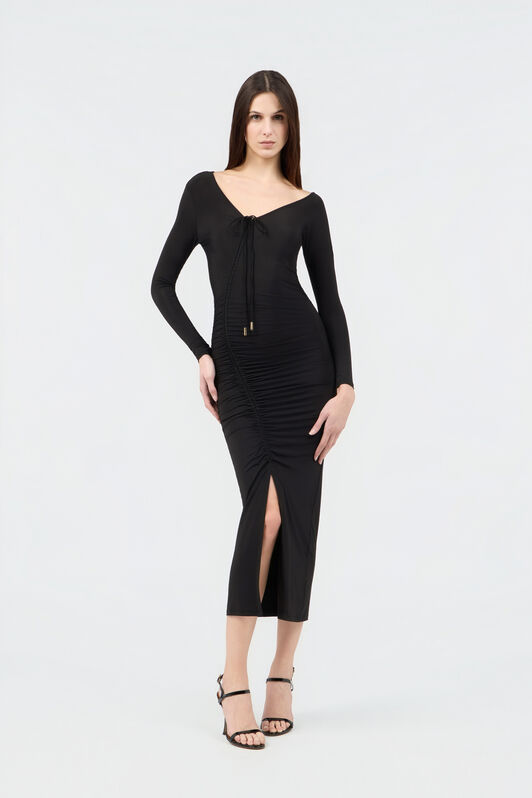 RC Schwarzes Gerafftes Midi Kleid BLACK SOT10D-VI007