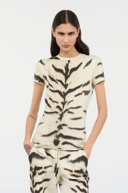 RC Camiseta para mujer con estampado de Tigresa Blanca OGAT X Roberto Cavalli Negro/Blanco UQT67A-3DA39