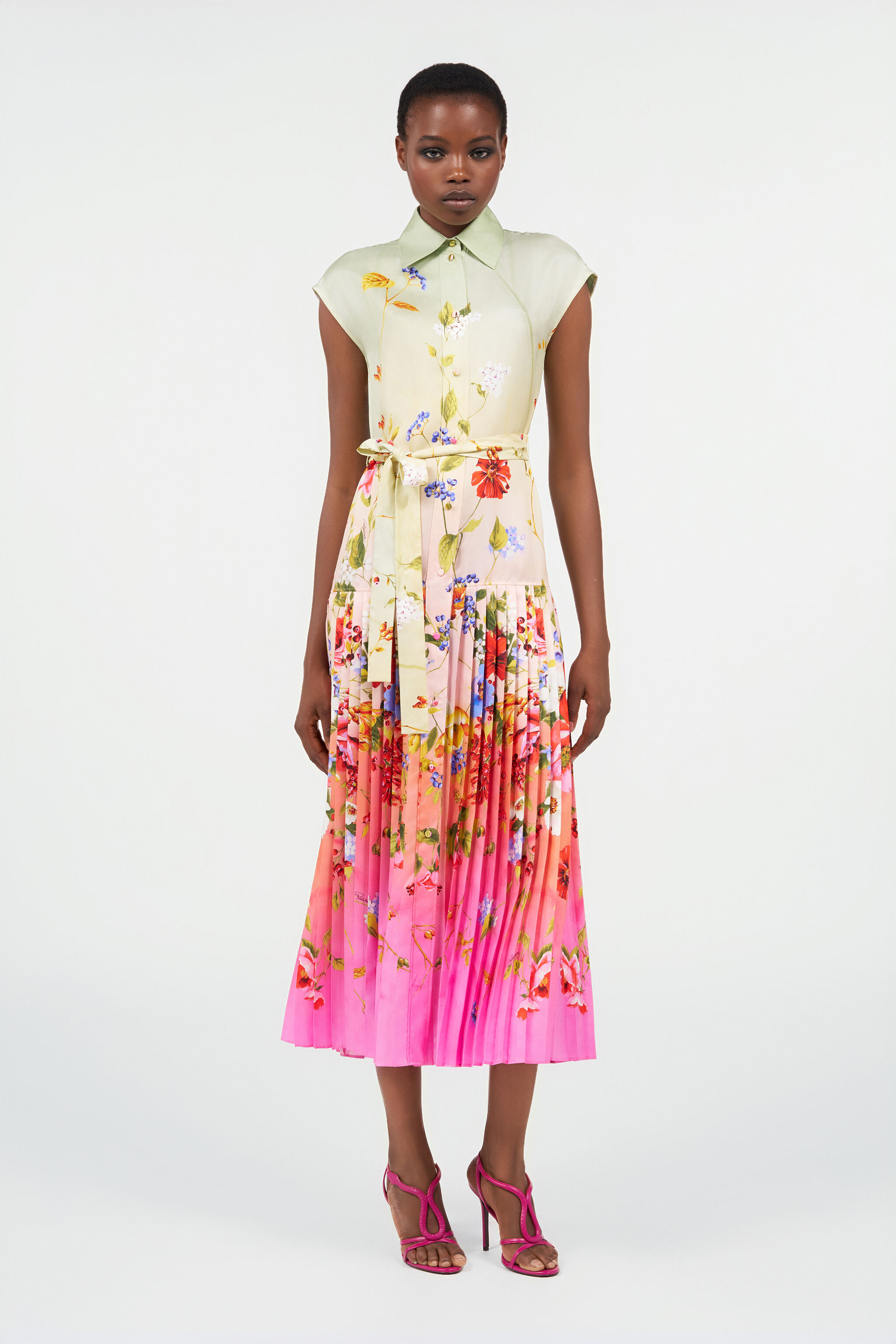 RC Long Silk Dress with Miami Flowers Print GREEN/FUCHSIA WQT103-OZR32