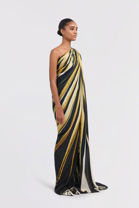 RC Vestido Maxi De Seda Con Estampado Ray Of Gold Oro TKT106-CTM33