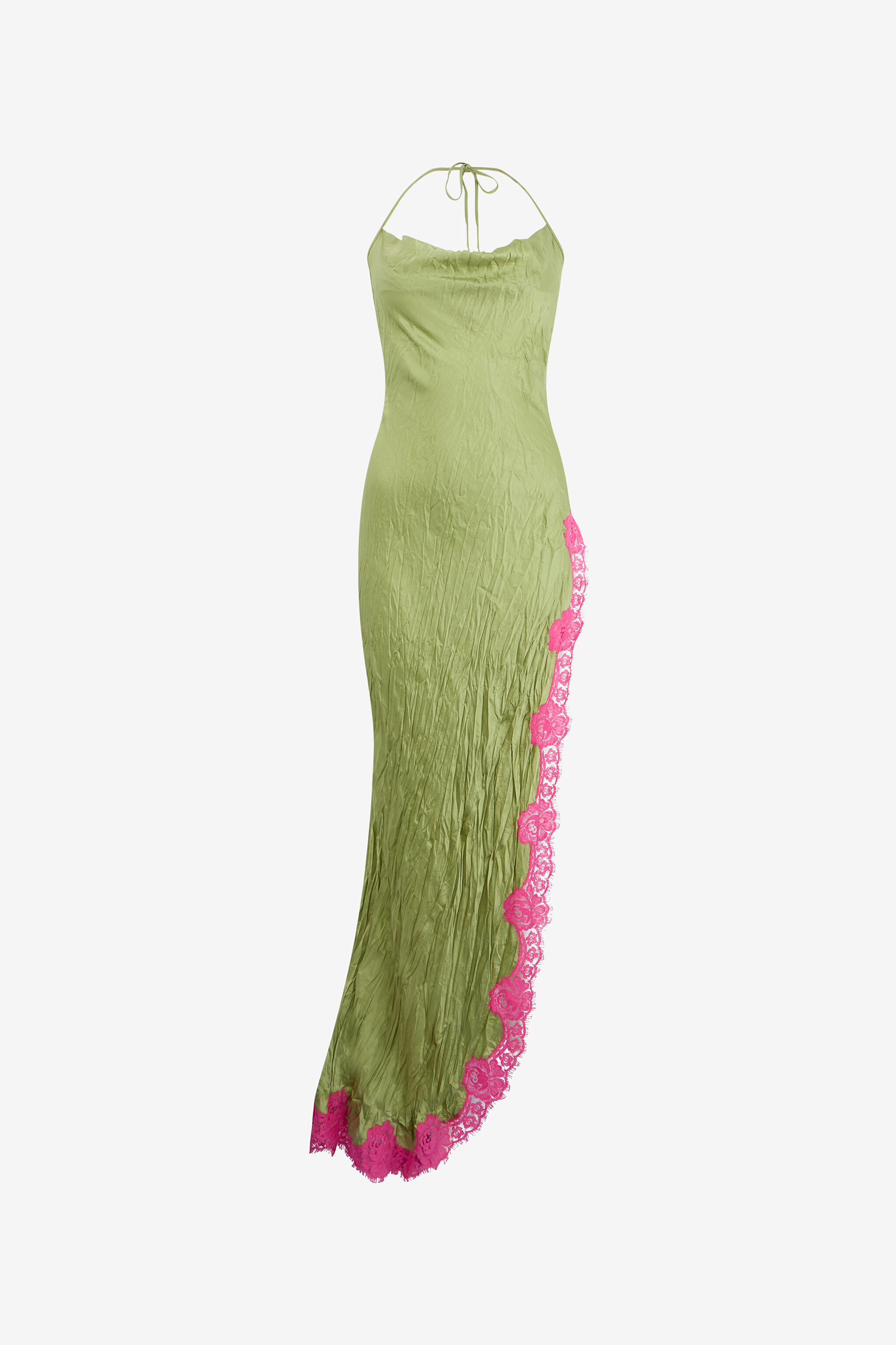 RC Vestido largo de seda con detalle de encaje LIGHT GREEN WQT150-SE041