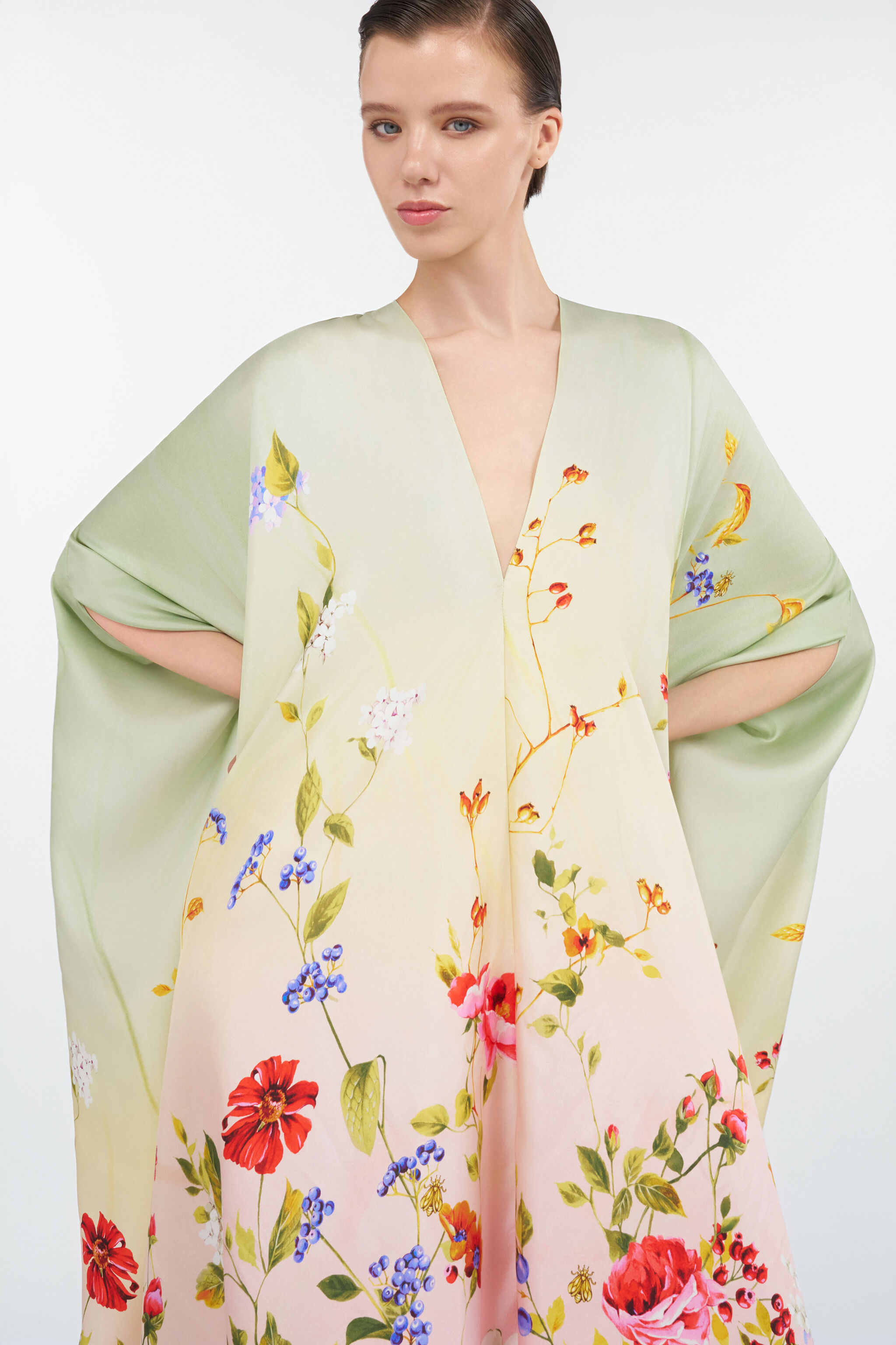 RC Kaftán de seda con estampado Miami Flowers GREEN/FUCHSIA WQT182-OZR32
