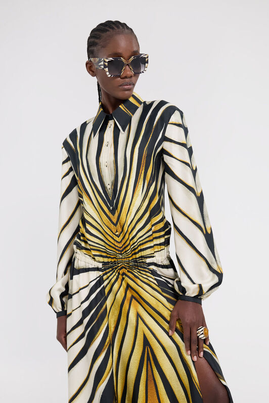 RC Ray Of Gold Estampado Vestido Midi De Seda Oro TKT110-4QM33