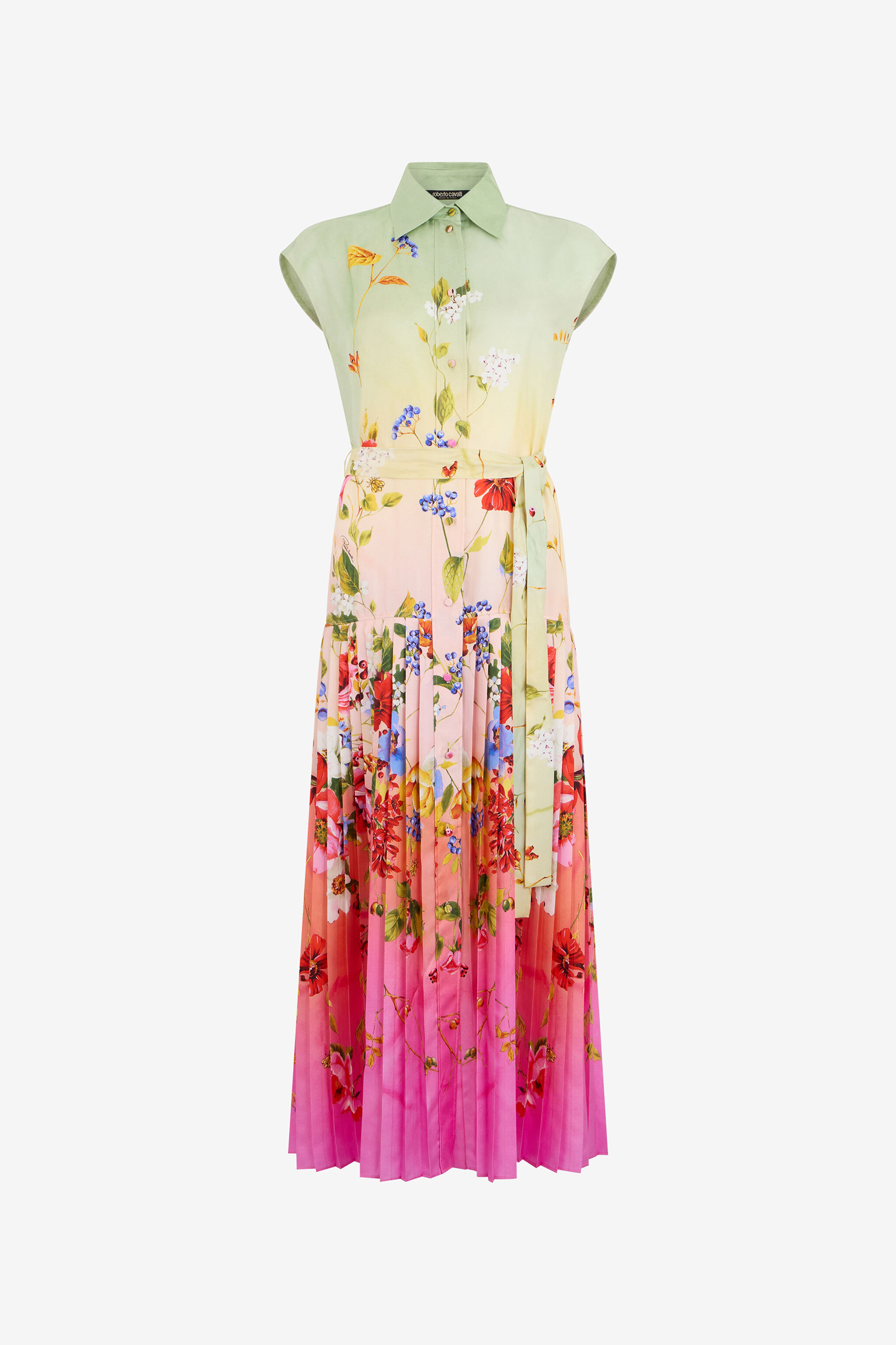 RC Long Silk Dress with Miami Flowers Print GREEN/FUCHSIA WQT103-OZR32