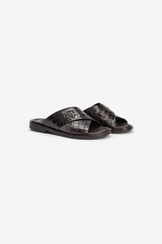 RC Slidesandalen in dunkelbraunem Leder mit Krokodileffekt DARK BROWN VMS001-PZ037