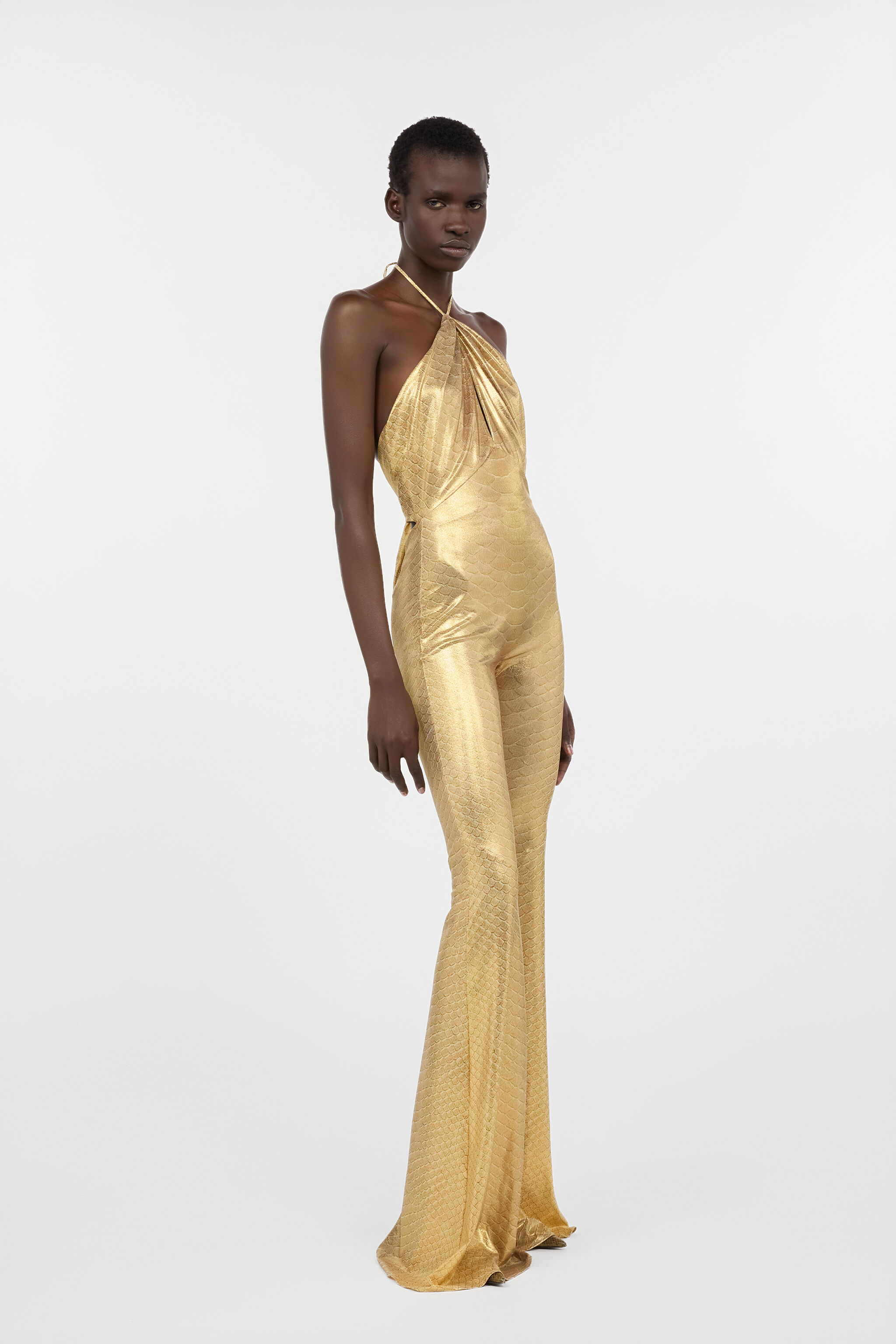 RC Beigefarbener Jumpsuit in Goldoptik mit Serpentine-Print BEIGE/GOLD WWT145-OOS31