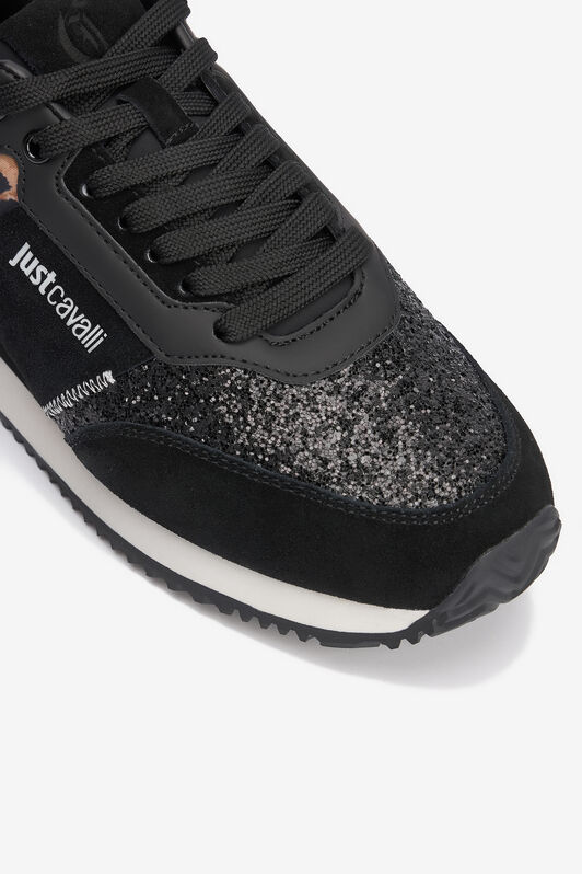JC Zapatillas negras con inserto de piel de jaguar y glitter BLACK VFS088-VF616
