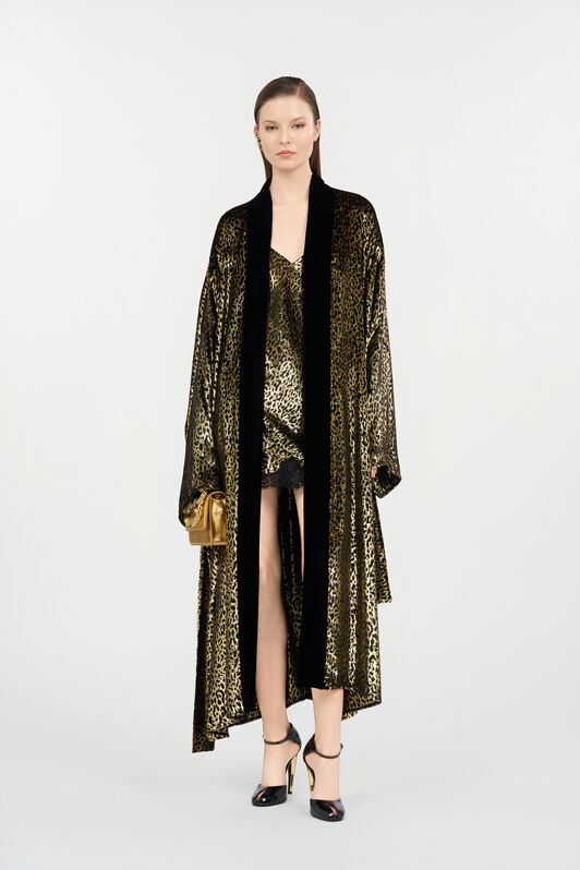 RC Vestido Lencero De Seda Con Estampado Macro Leopard BLACK/GOLD WKT143-FT061