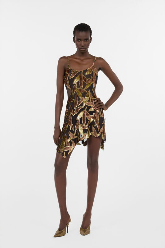 RC Transparentes Minikleid in Schokoladenbraun mit Blattwerk-Motiv CHOCOLATE WWT131-FC007