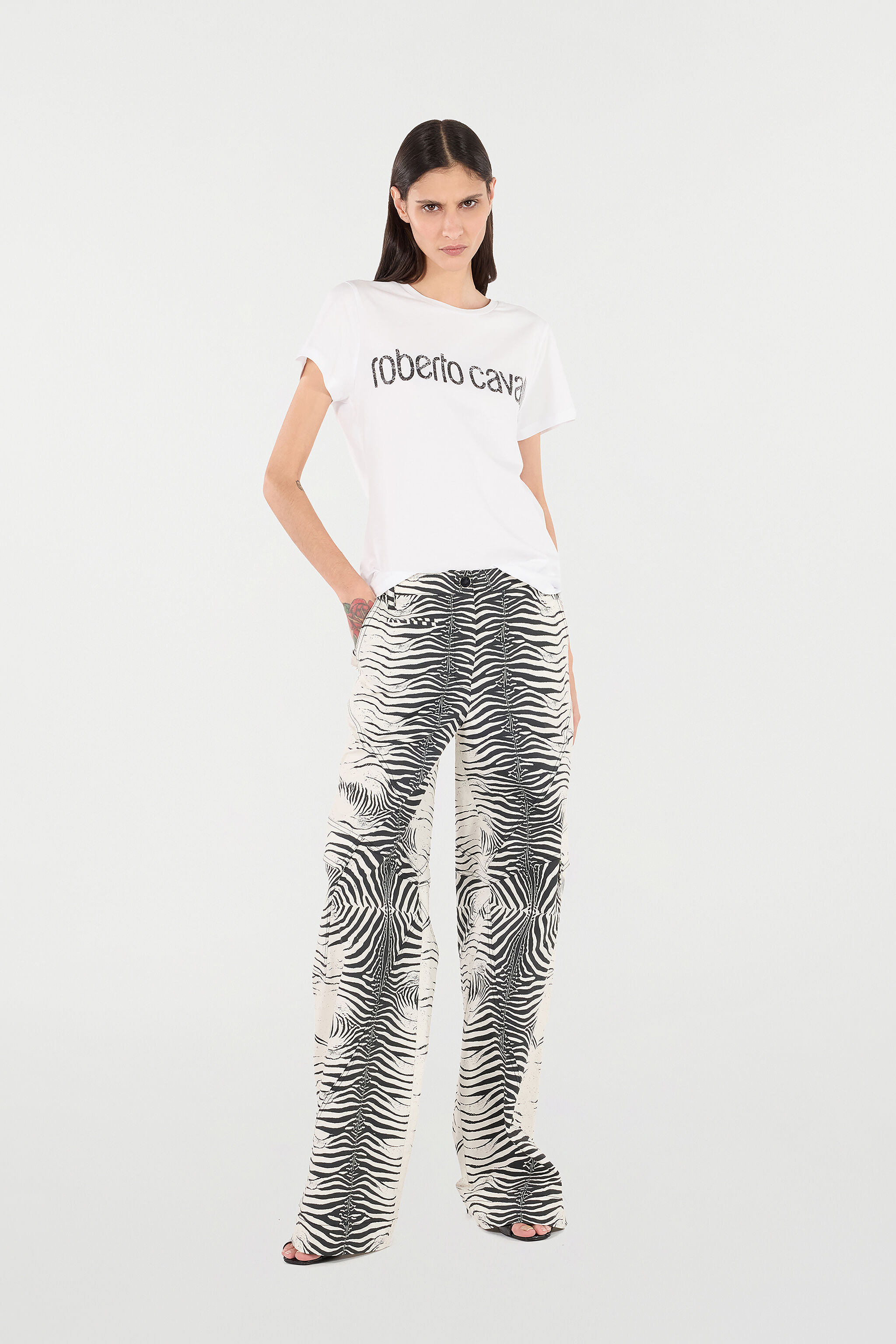 RC Pantalones De Algodón Elástico Con Estampado White Tigresse Negro/Blanco UKT211-3AN49