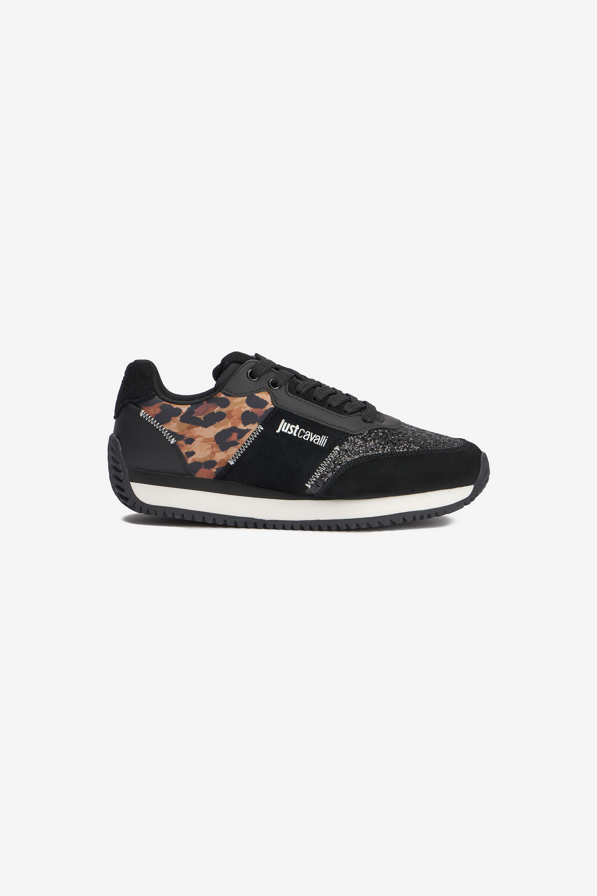 JC Zapatillas negras con inserto de piel de jaguar y glitter BLACK VFS088-VF616