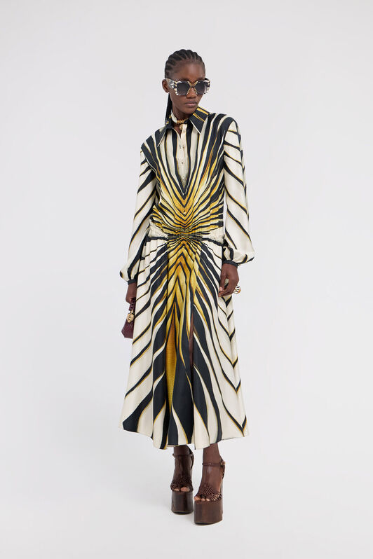 RC Ray Of Gold Estampado Vestido Midi De Seda Oro TKT110-4QM33