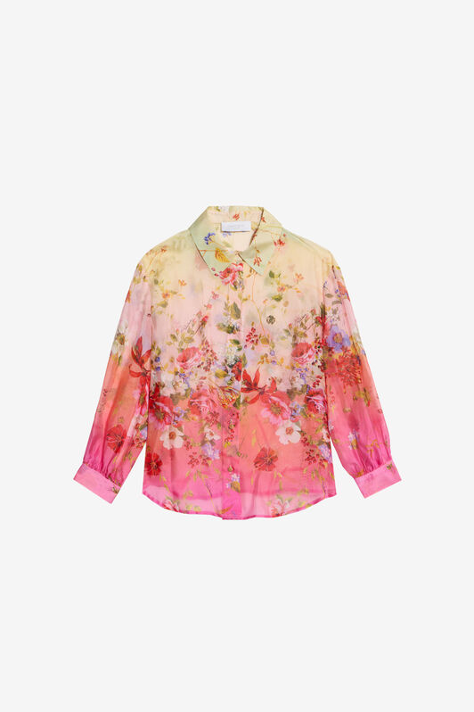 JU Seidenmischung-Hemd Mit Miami Flowers-Print GREEN/FUXIA WJT70S-CTR64