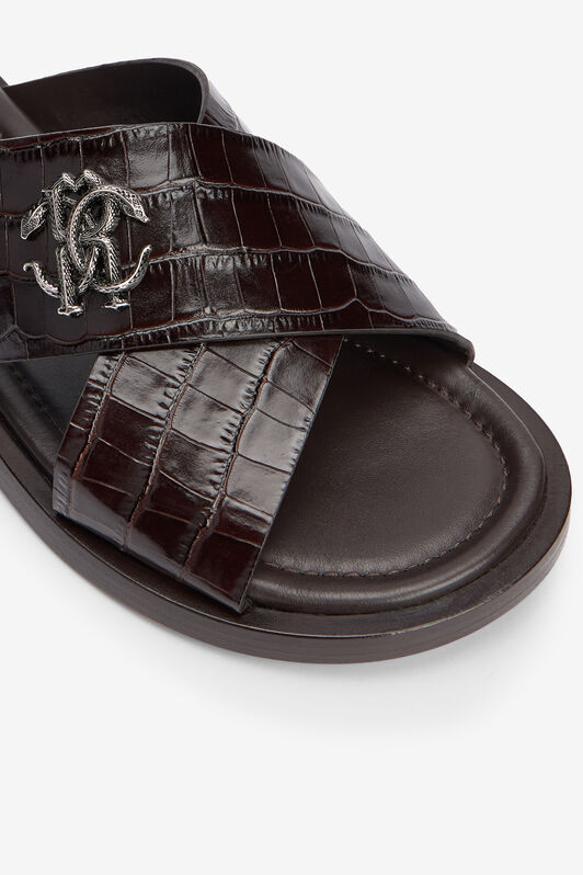 RC Slidesandalen in dunkelbraunem Leder mit Krokodileffekt DARK BROWN VMS001-PZ037