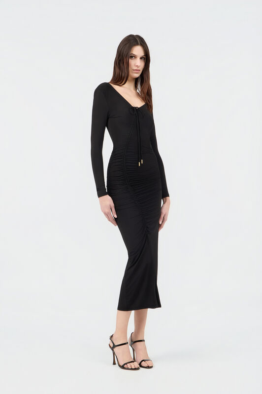 RC Schwarzes Gerafftes Midi Kleid BLACK SOT10D-VI007