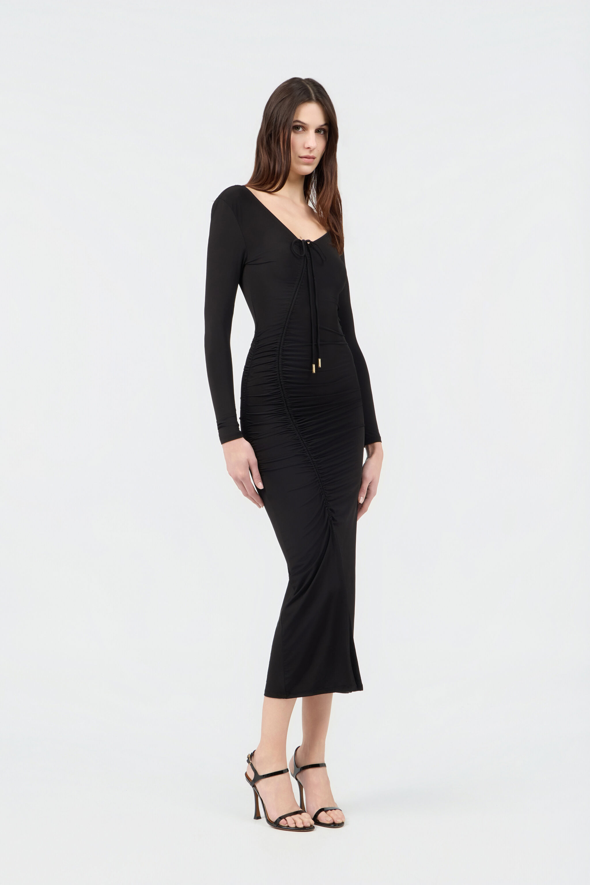 RC Schwarzes Gerafftes Midi Kleid BLACK SOT10D-VI007
