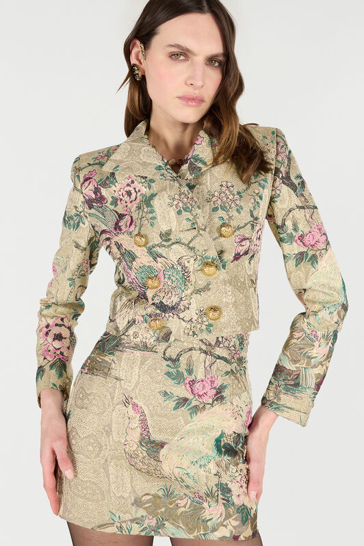 RC Cropped-Jacke Mit Oriental Bird Print Elfenbein/Rosa VKT403-DJ084