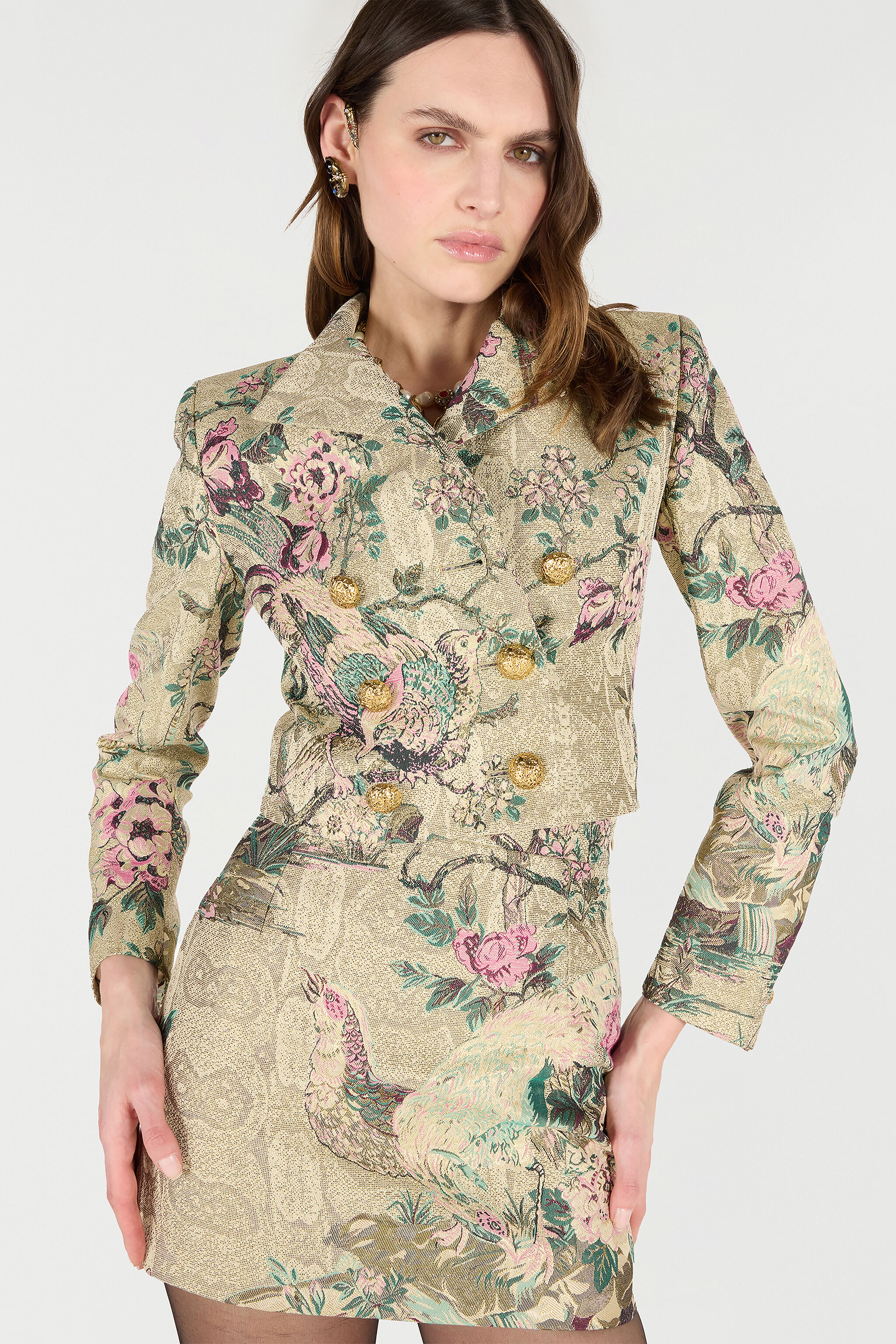 RC Cropped-Jacke Mit Oriental Bird Print Elfenbein/Rosa VKT403-DJ084