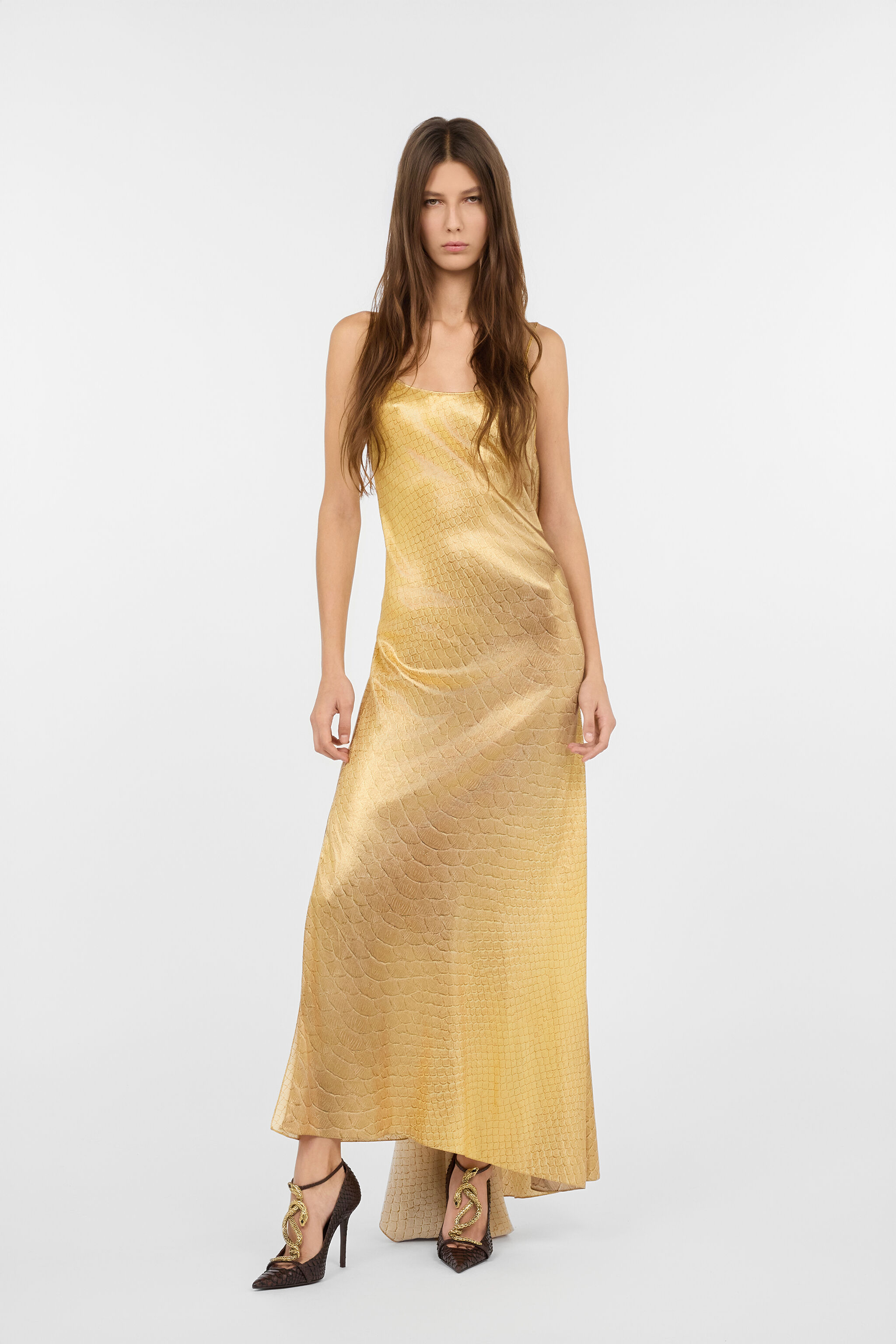 RC Vestido largo dorado de seda con estampado de escamas GOLD/GOLD WWT125-SNS31