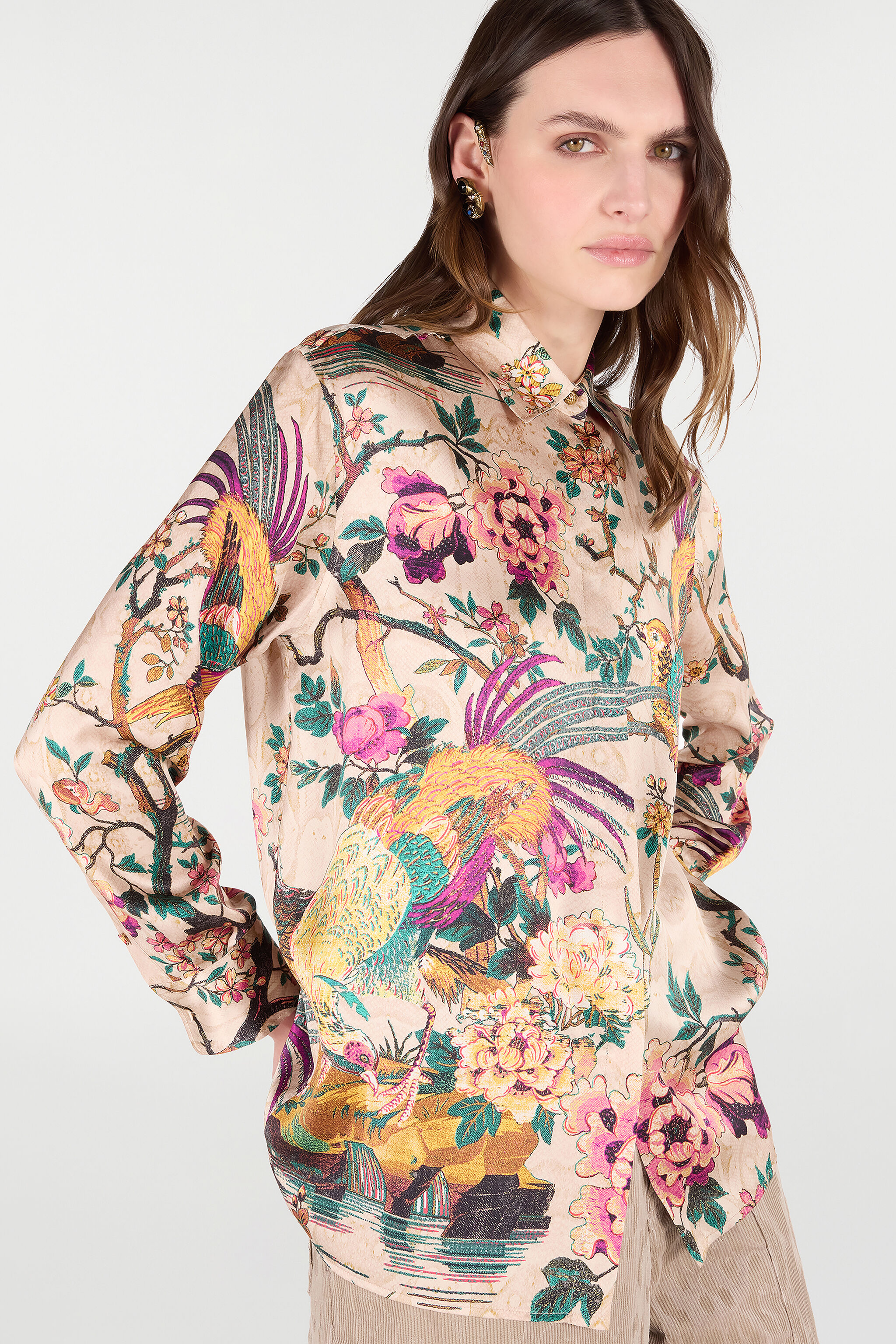 RC Seidenhemd Mit Oriental Bird Print Elfenbein/Rosa VKT704-TYP76