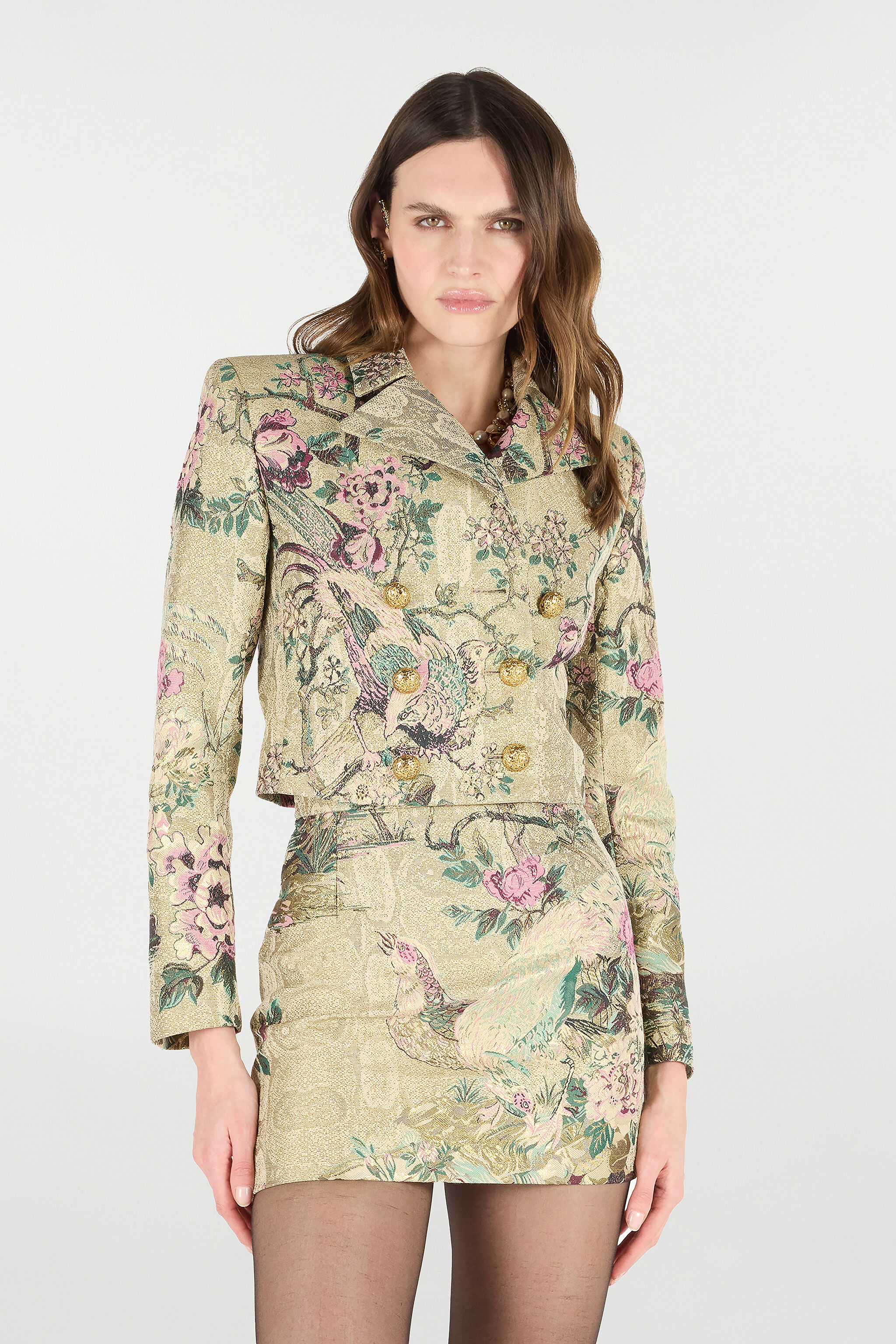 RC Cropped-Jacke Mit Oriental Bird Print Elfenbein/Rosa VKT403-DJ084