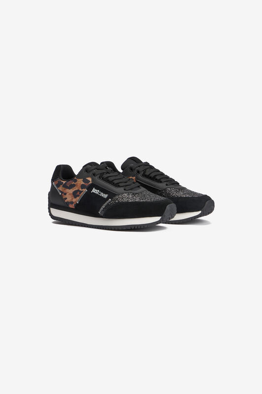 JC Zapatillas negras con inserto de piel de jaguar y glitter BLACK VFS088-VF616