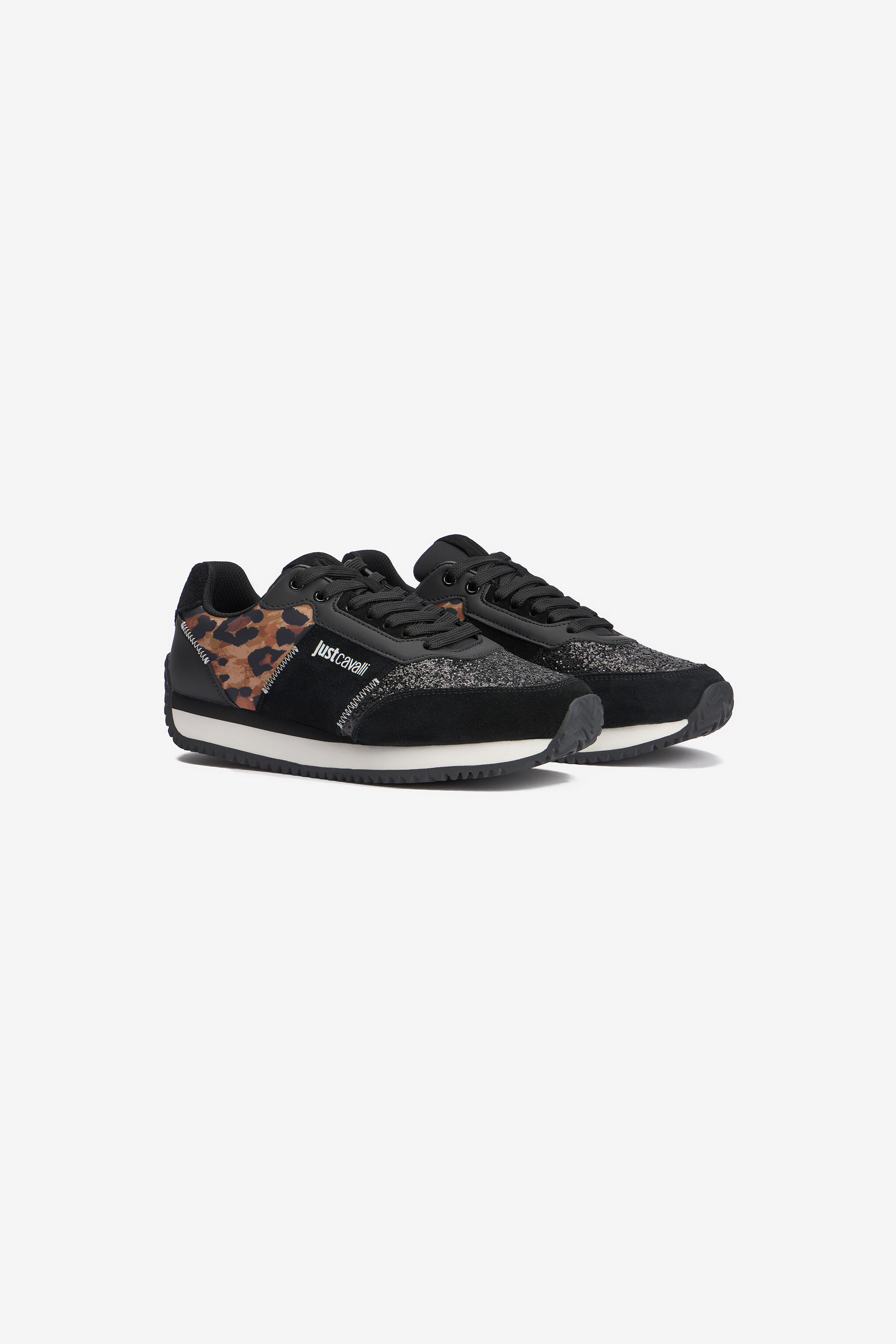 JC Zapatillas negras con inserto de piel de jaguar y glitter BLACK VFS088-VF616