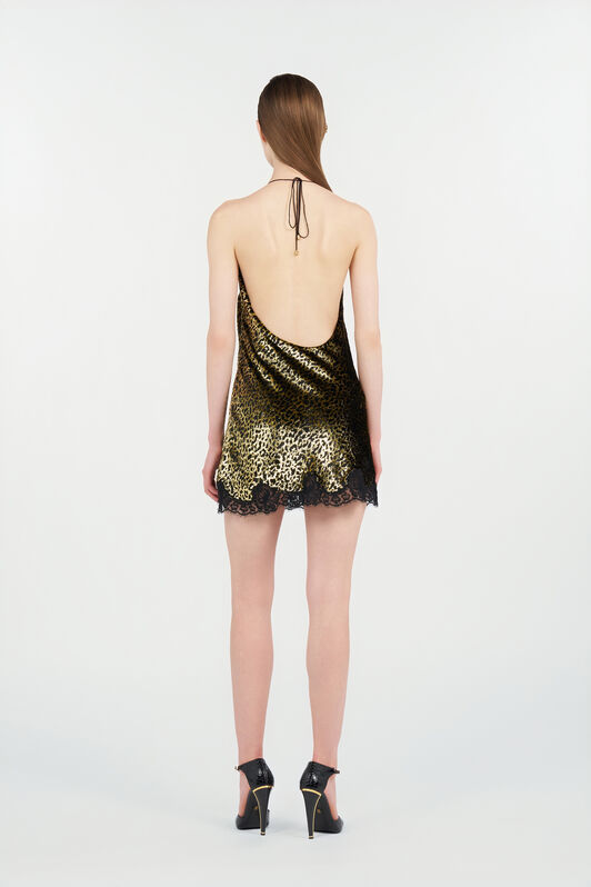 RC Vestido Lencero De Seda Con Estampado Macro Leopard BLACK/GOLD WKT143-FT061