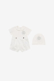 JU White Romper And Hat Set With Monogram RC MILKY WHITE UJT823-JD001