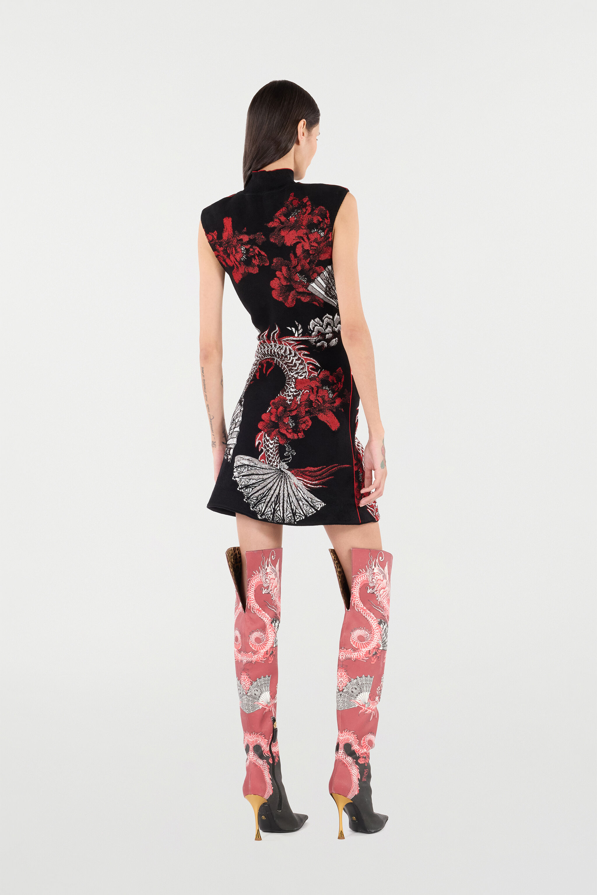 RC Minikleid Mit Floralem Motiv Und Drachen Schwarz/Rot VQM106-MG011