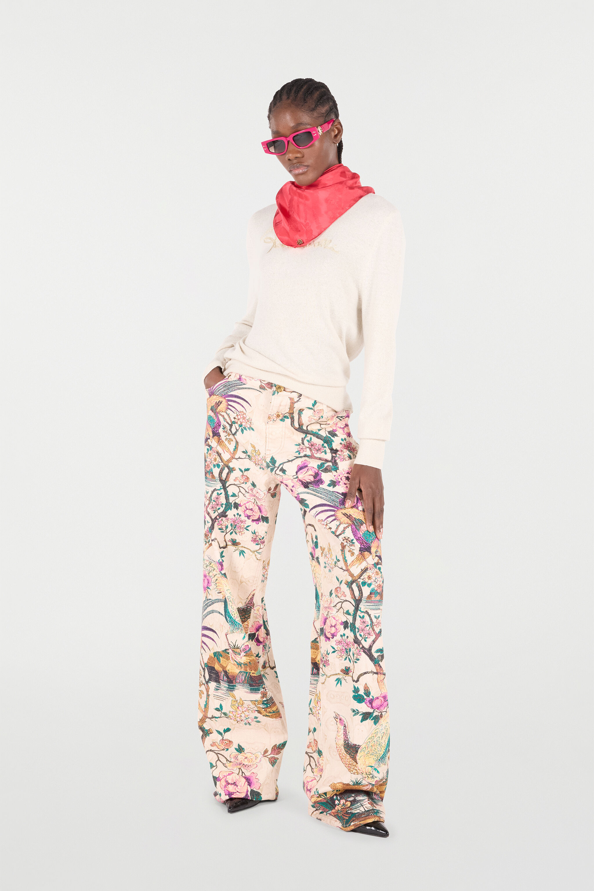 RC Jeans Mit Oriental Bird  Print Elfenbein/Rosa VKJ207-DAP76