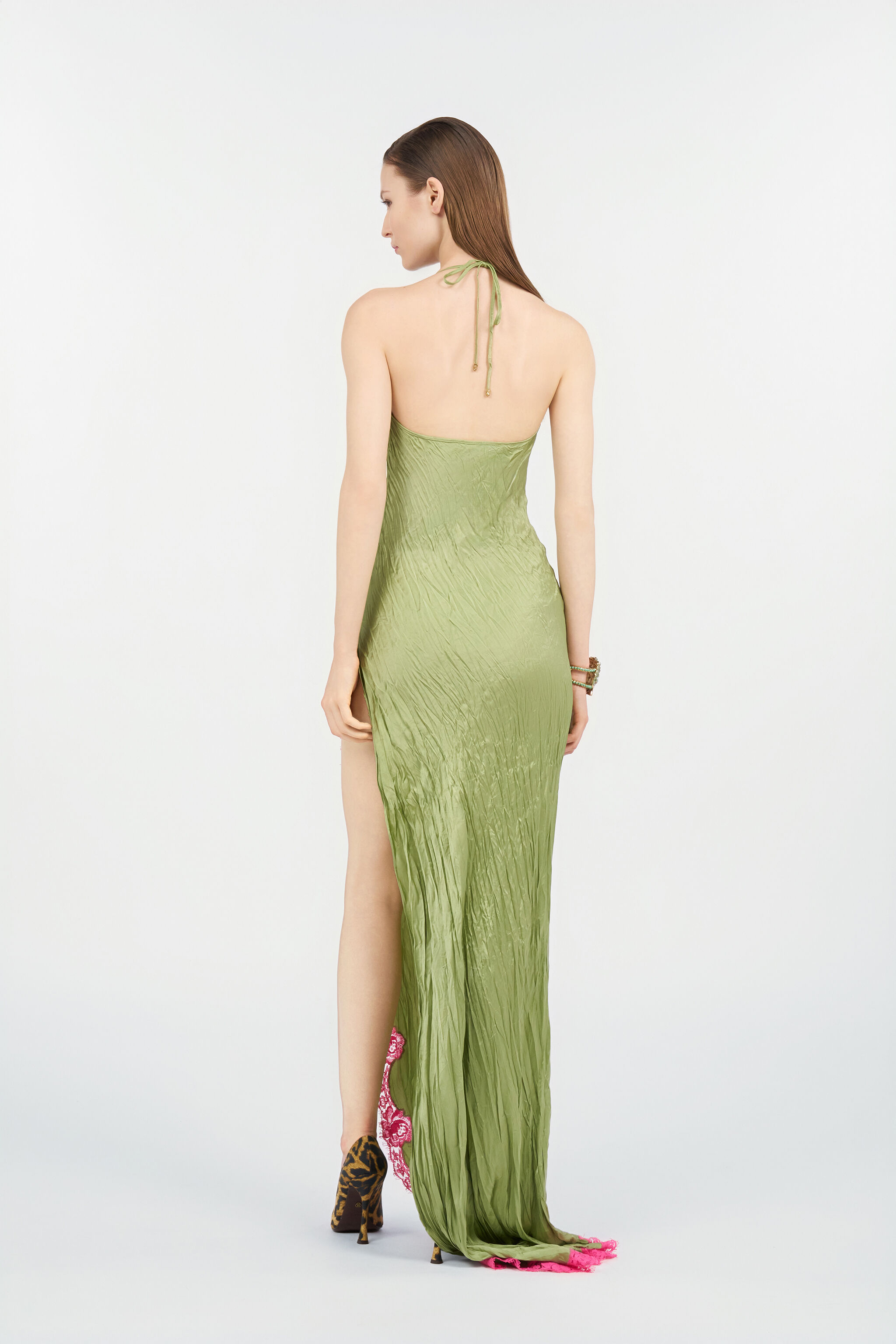 RC Vestido largo de seda con detalle de encaje LIGHT GREEN WQT150-SE041